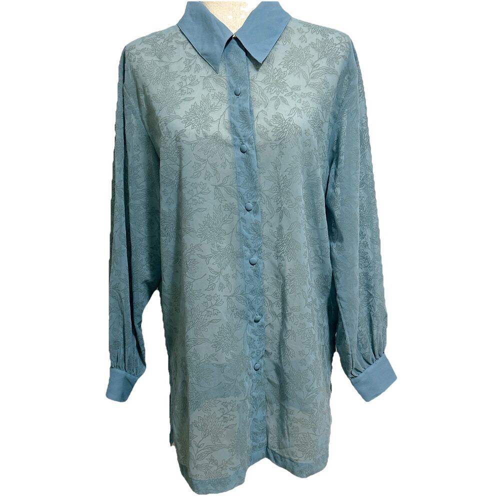 VTG Blue Velvet Burnout Med Sheer EL LA Button‎ Down Shirt Women
